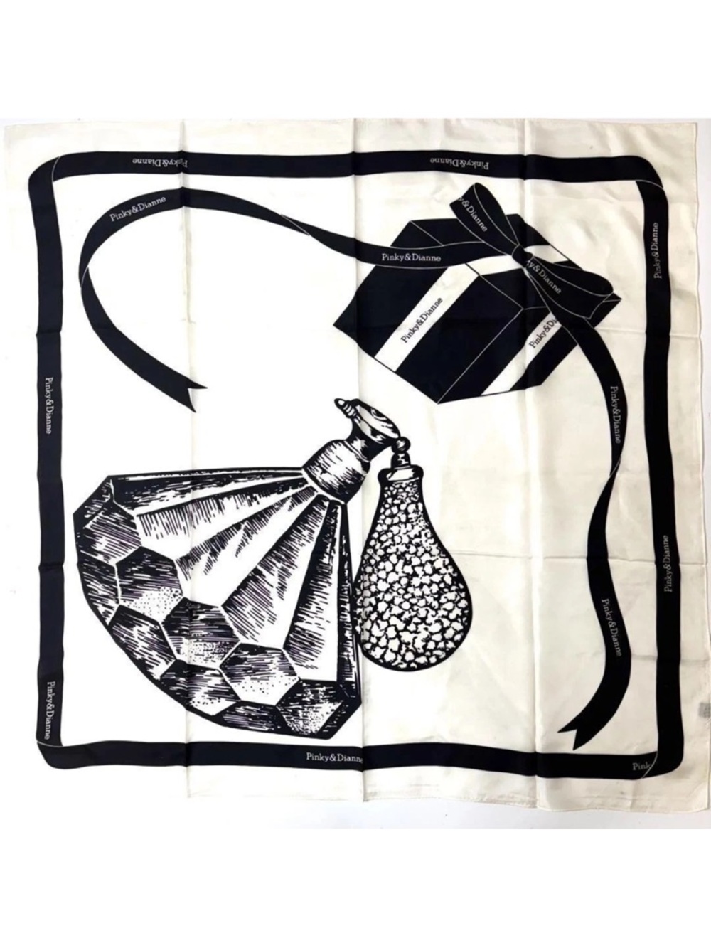 Pinky & Dianne Black and White Perfume Bottle Silk  Scarf approximately 34”x 34”